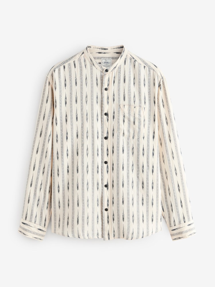 White Long Sleeve 100% Cotton Printed Shirt with Grandad Collar - Image 6 of 8