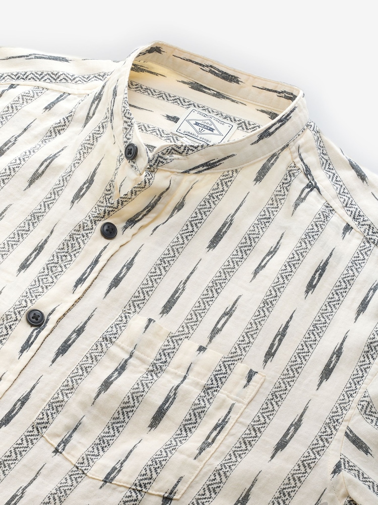 White Long Sleeve 100% Cotton Printed Shirt with Grandad Collar - Image 7 of 8
