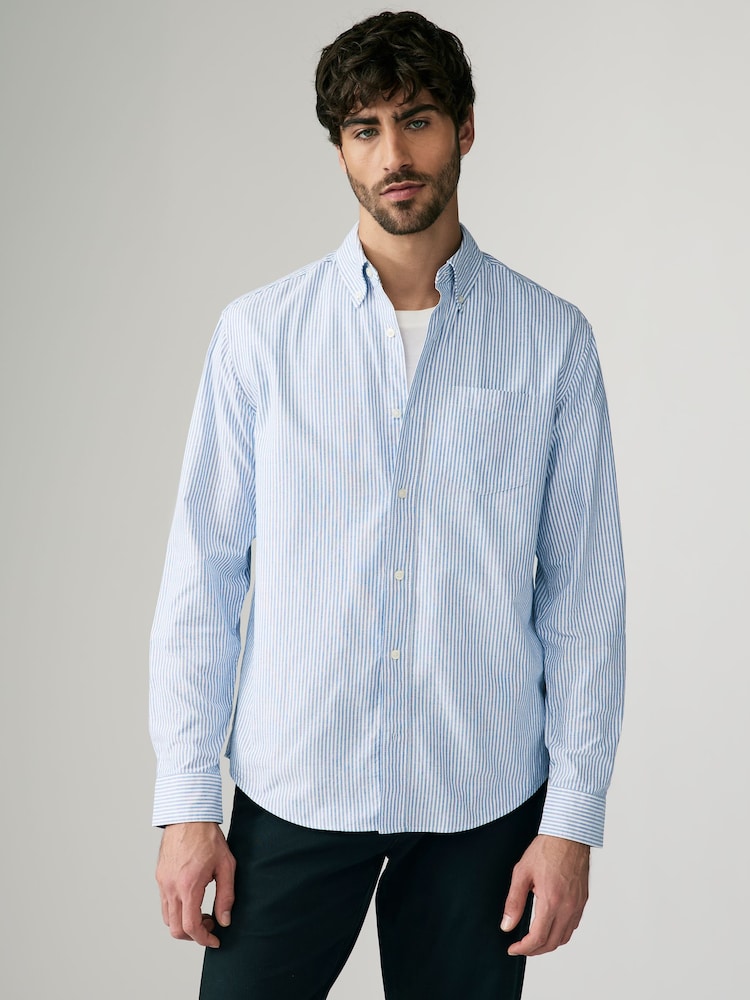 Blue/White Stripe Long Sleeve Oxford 100% Cotton Shirt - Image 1 of 8
