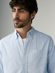 Blue/White Stripe Long Sleeve Oxford 100% Cotton Shirt - Image 4 of 8