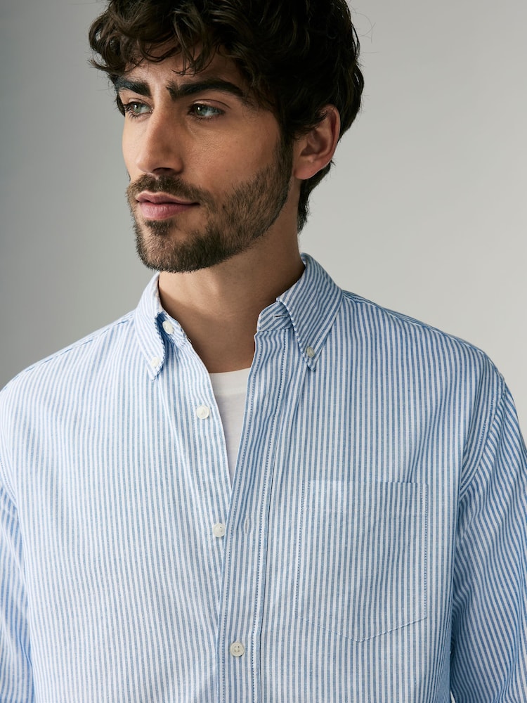 Blue/White Stripe Long Sleeve Oxford 100% Cotton Shirt - Image 4 of 8