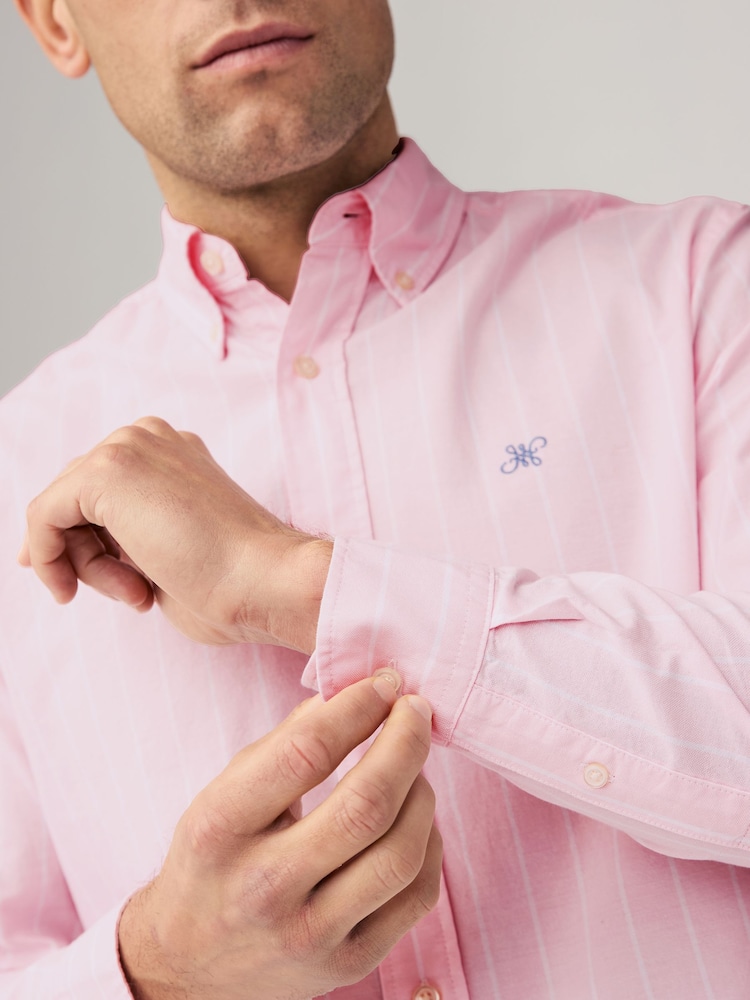 Pink/White 100% Cotton Stripe Long Sleeve Oxford Shirt - Image 3 of 7
