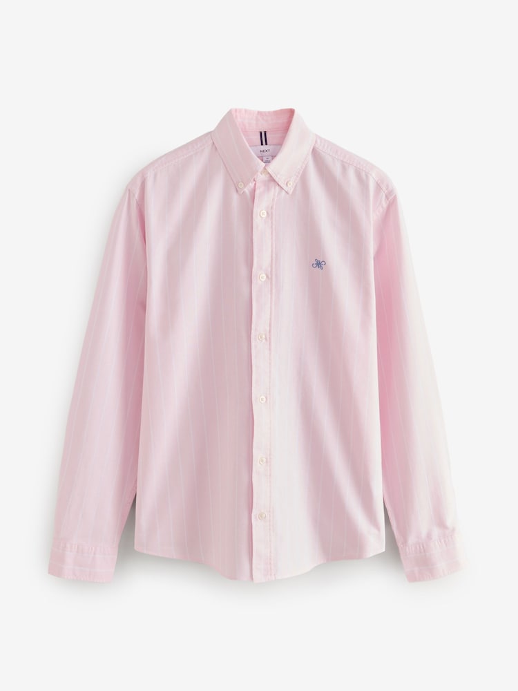 Pink/White 100% Cotton Stripe Long Sleeve Oxford Shirt - Image 5 of 7
