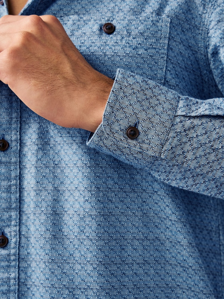 Blue Twin Pocket Textured Long Sleeve 100% Cotton Shirt - Image 3 of 10