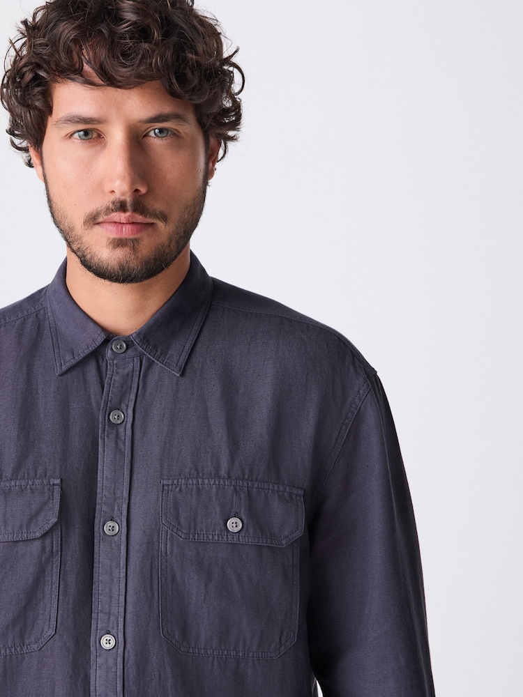 Blue Cotton Tencel Blend Long Sleeve Shirt - Image 1 of 6
