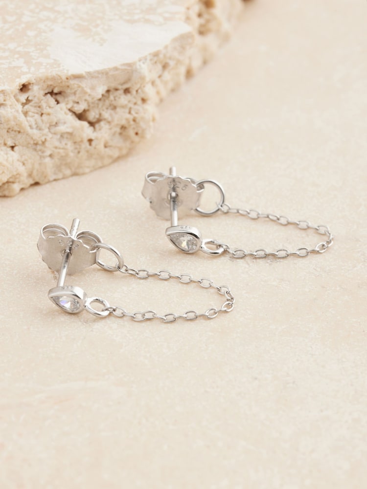 Sterling Silver Cubic Zirconia Chain Stud Earrings - Image 3 of 3 Sterling Silver Cubic Zirconia Chain Stud Earrings - Image 3 of 3