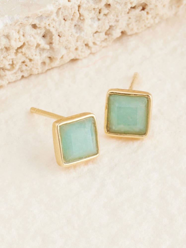 Gold Plated Sterling Silver Square Stone Stud Earrings - Image 1 of 3