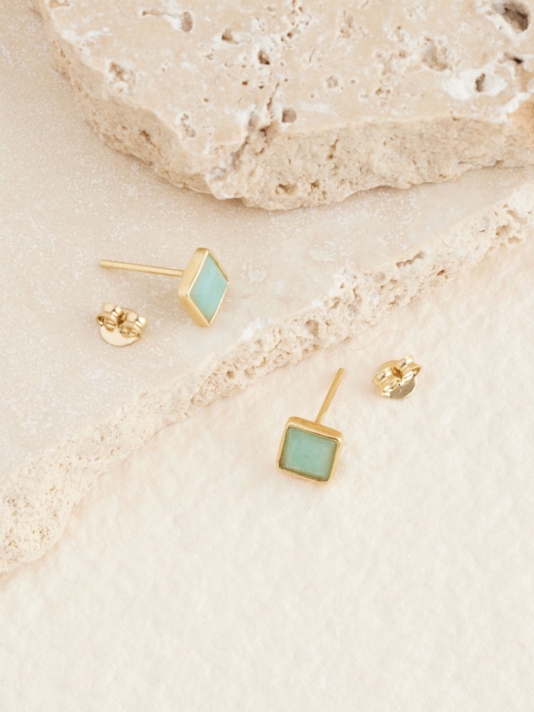 Gold Plated Sterling Silver Square Stone Stud Earrings - Image 2 of 3