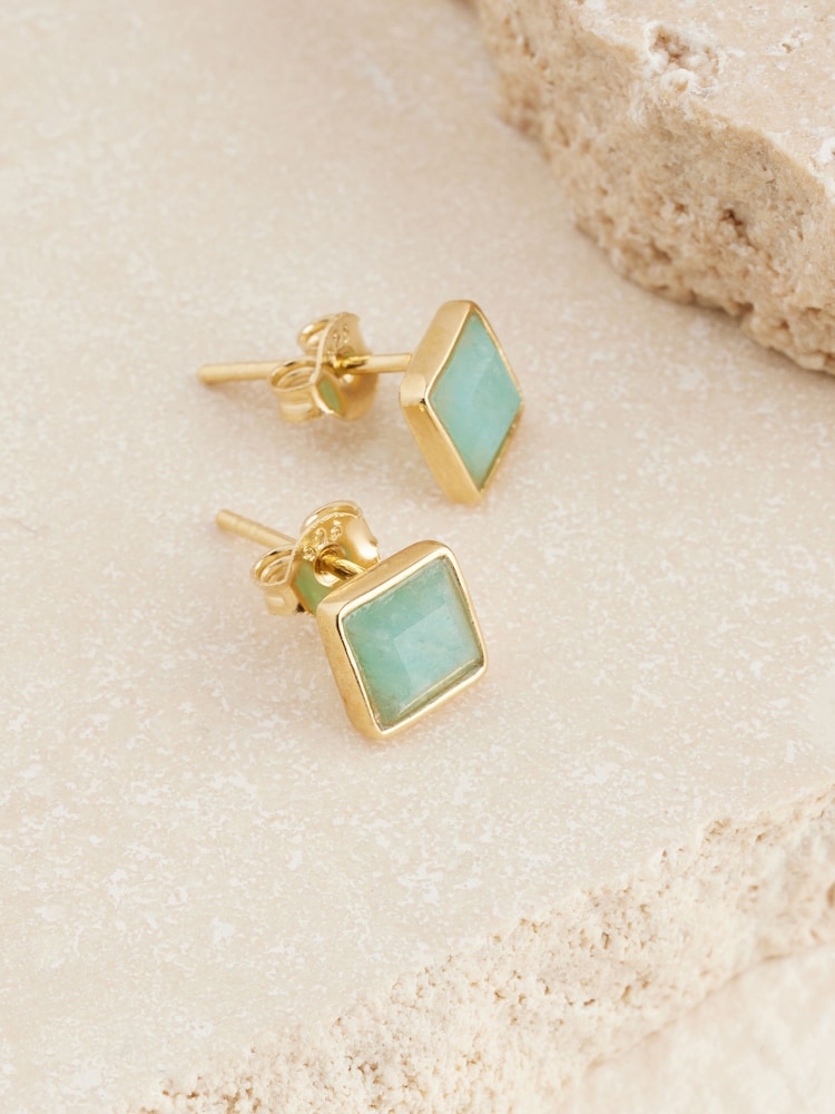 Gold Plated Sterling Silver Square Stone Stud Earrings - Image 3 of 3