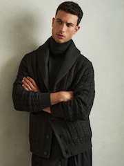 Reiss Forest Green Armitage Cabled Shawl-Collar Cardigan with Cotton and Wool - Image 1 of 6