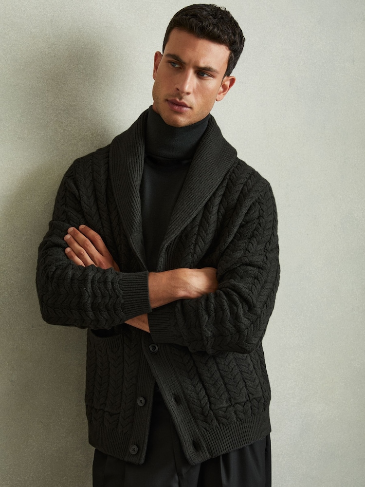 Reiss Forest Green Armitage Cabled Shawl-Collar Cardigan with Cotton and Wool - Image 1 of 6