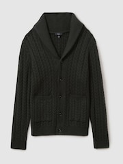 Reiss Forest Green Armitage Cabled Shawl-Collar Cardigan with Cotton and Wool - Image 2 of 6