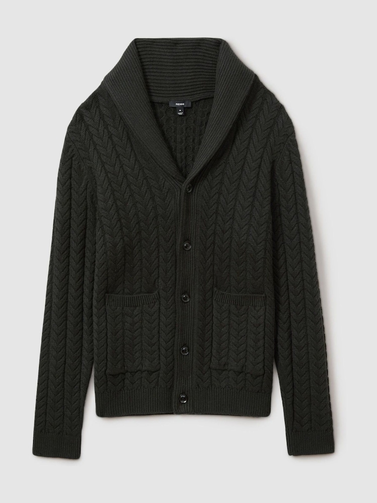 Reiss Forest Green Armitage Cabled Shawl-Collar Cardigan with Cotton and Wool - Image 2 of 6