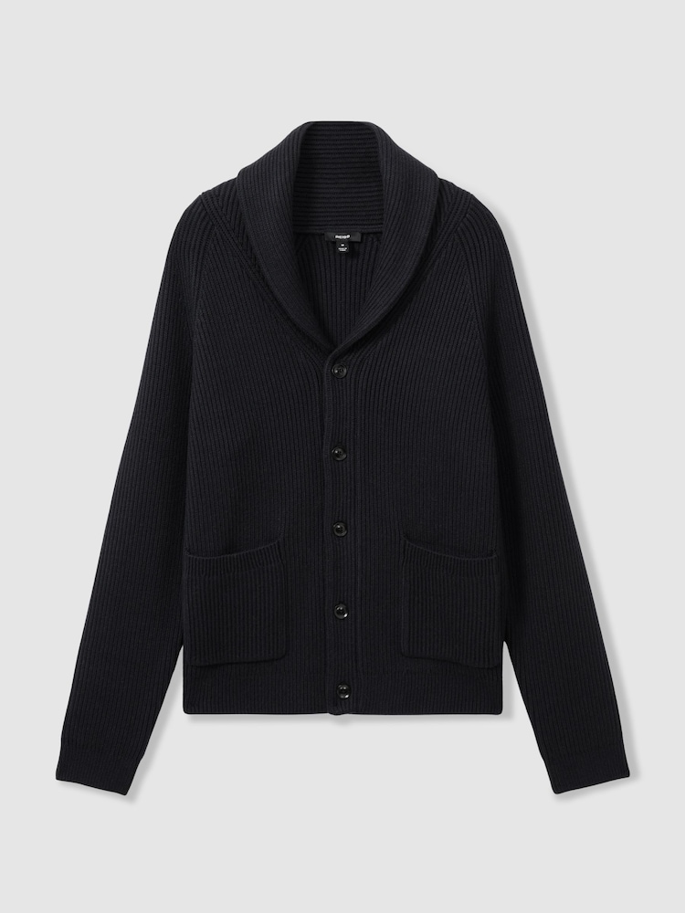 Reiss Navy Winters Ribbed Shawl-Collar Cardigan with Cotton and Wool - Image 2 of 6