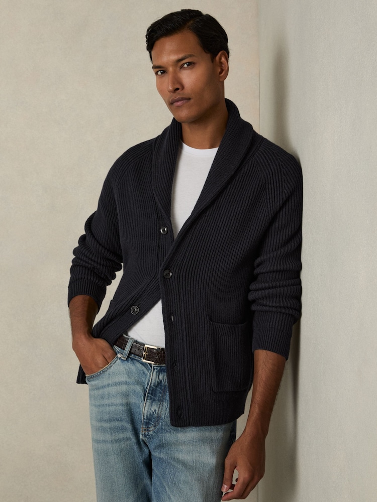 Reiss Navy Winters Ribbed Shawl-Collar Cardigan with Cotton and Wool - Image 3 of 6
