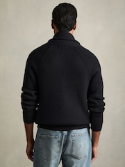 Reiss Navy Winters Ribbed Shawl-Collar Cardigan with Cotton and Wool - Image 5 of 6