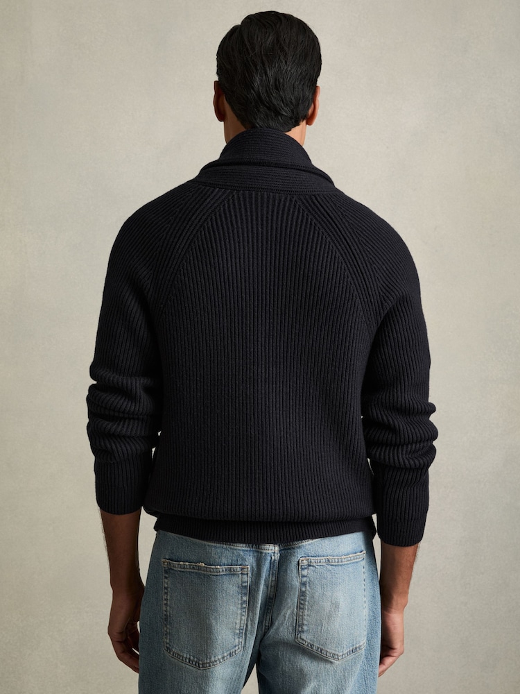 Reiss Navy Winters Ribbed Shawl-Collar Cardigan with Cotton and Wool - Image 5 of 6