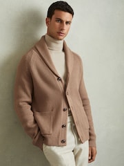 Reiss Camel Winters Ribbed Shawl-Collar Cardigan with Cotton and Wool - Image 1 of 6