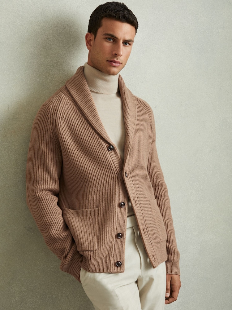 Reiss Camel Winters Ribbed Shawl-Collar Cardigan with Cotton and Wool - Image 1 of 6