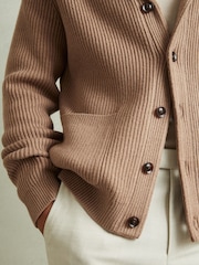 Reiss Camel Winters Ribbed Shawl-Collar Cardigan with Cotton and Wool - Image 3 of 6