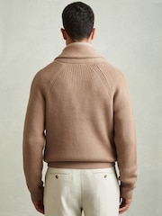 Reiss Camel Winters Ribbed Shawl-Collar Cardigan with Cotton and Wool - Image 4 of 6