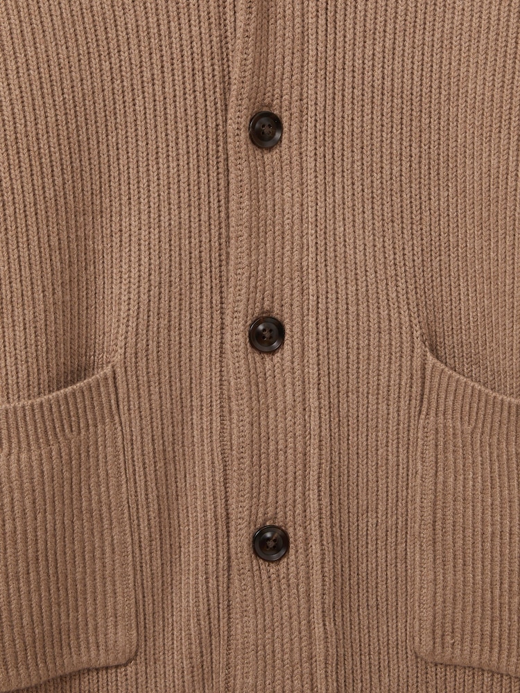 Reiss Camel Winters Ribbed Shawl-Collar Cardigan with Cotton and Wool - Image 6 of 6