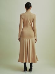 Песочный - Florere Hybrid Knit-Satin Midi Dress - Image 3 of 6