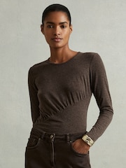Reiss Chocolate Ana Marled Asymmetric Ruched Top - Image 1 of 5