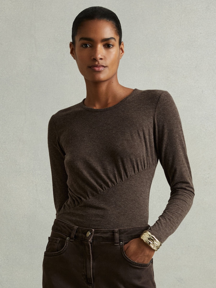 Reiss Chocolate Ana Marled Asymmetric Ruched Top - Image 1 of 5