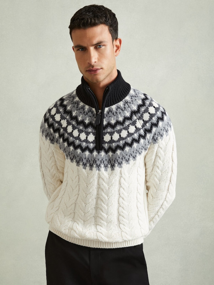Reiss Black/White Colorado Zipped Jumper with Cotton and Wool - Image 1 of 6