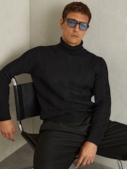 Reiss Black Flick Cabled Roll-Neck Jumper with Cotton and Wool - Image 1 of 7
