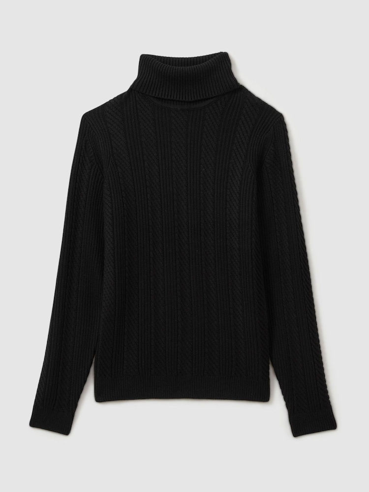 Reiss Black Flick Cabled Roll-Neck Jumper with Cotton and Wool - Image 2 of 7