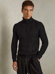 Reiss Black Flick Cabled Roll-Neck Jumper with Cotton and Wool - Image 3 of 7