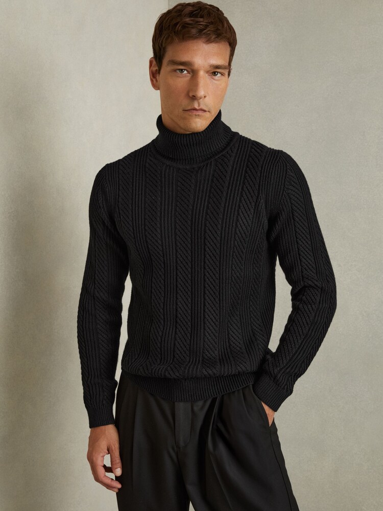 Reiss Black Flick Cabled Roll-Neck Jumper with Cotton and Wool - Image 3 of 7