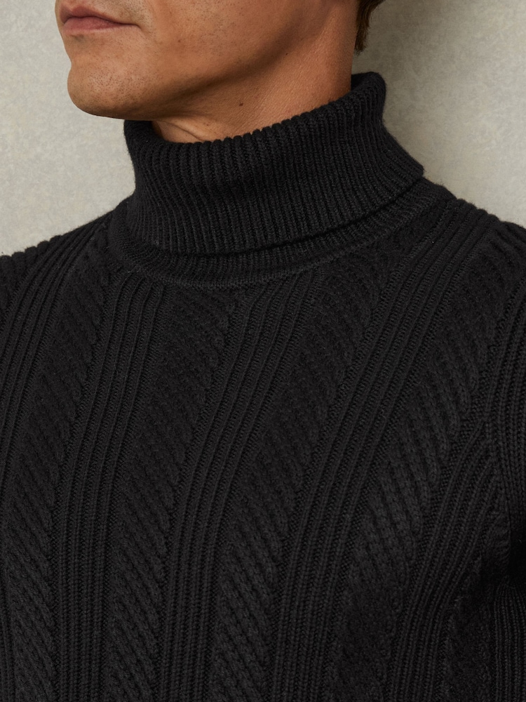 Reiss Black Flick Cabled Roll-Neck Jumper with Cotton and Wool - Image 4 of 7