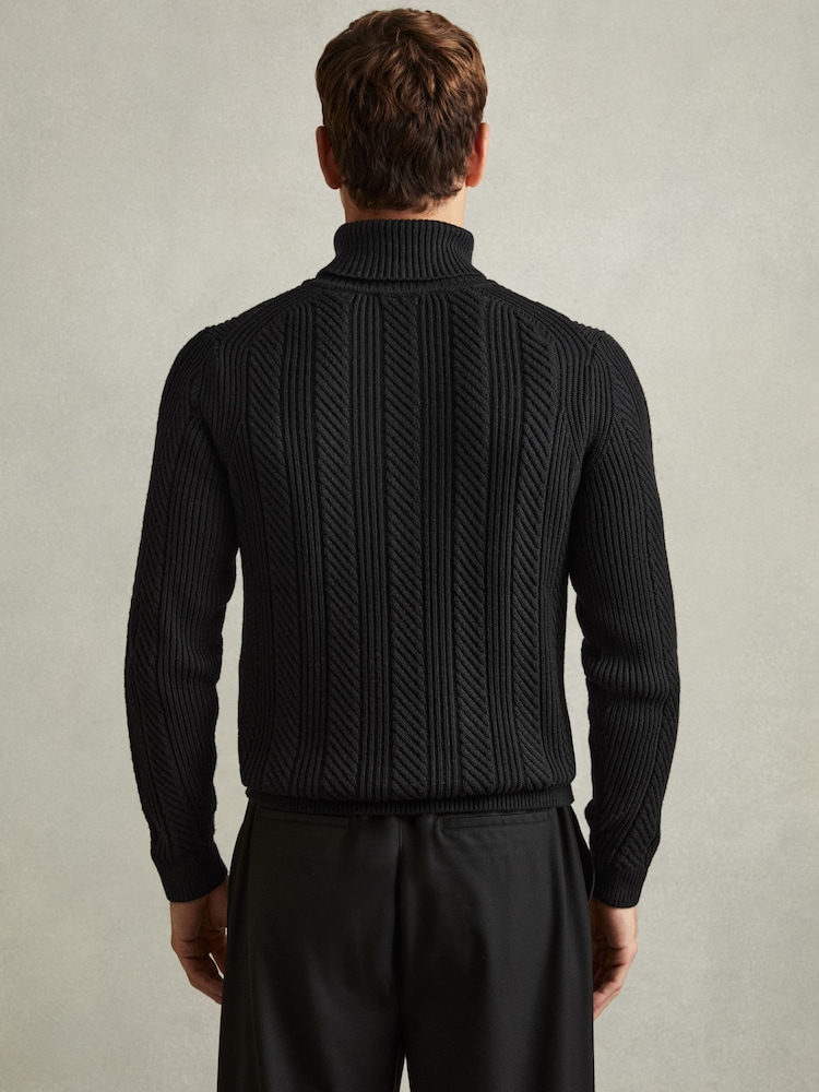 Reiss Black Flick Cabled Roll-Neck Jumper with Cotton and Wool - Image 5 of 7