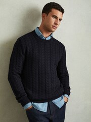 Reiss Navy Stoke Cable Knitted Jumper with Cotton and Wool - Image 1 of 5