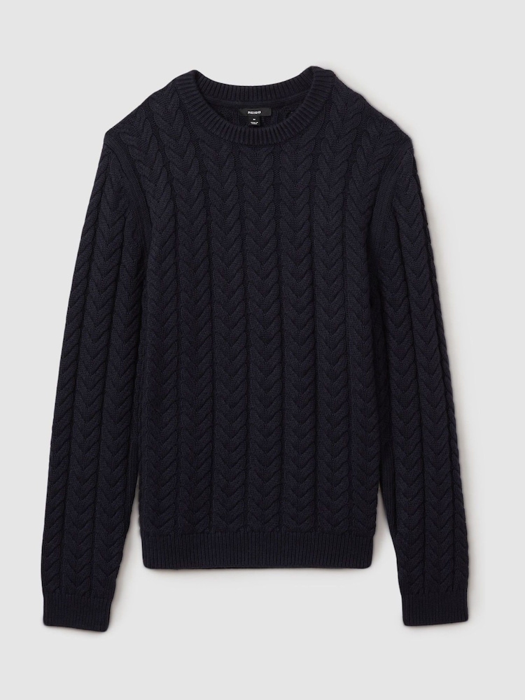 Reiss Navy Stoke Cable Knitted Jumper with Cotton and Wool - Image 2 of 5