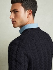 Reiss Navy Stoke Cable Knitted Jumper with Cotton and Wool - Image 3 of 5