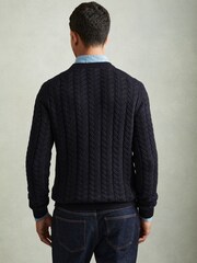 Reiss Navy Stoke Cable Knitted Jumper with Cotton and Wool - Image 4 of 5
