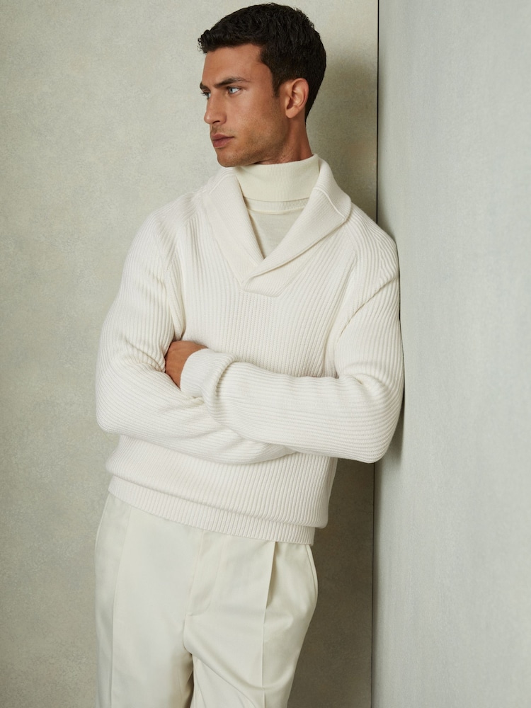 Reiss White Dewhirst Ribbed Shawl Collar Jumper with Cotton and Wool - Image 1 of 6