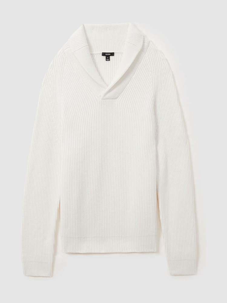 Reiss White Dewhirst Ribbed Shawl Collar Jumper with Cotton and Wool - Image 2 of 6