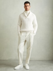 Reiss White Dewhirst Ribbed Shawl Collar Jumper with Cotton and Wool - Image 3 of 6