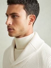 Reiss White Dewhirst Ribbed Shawl Collar Jumper with Cotton and Wool - Image 4 of 6