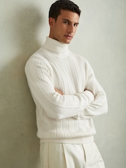 Reiss White Flick Cabled Roll-Neck Jumper with Cotton and Wool - Image 1 of 6