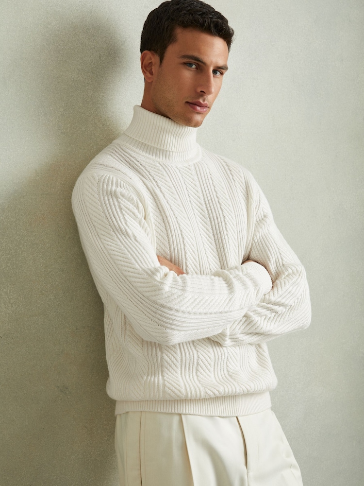 Reiss White Flick Cabled Roll-Neck Jumper with Cotton and Wool - Image 1 of 6