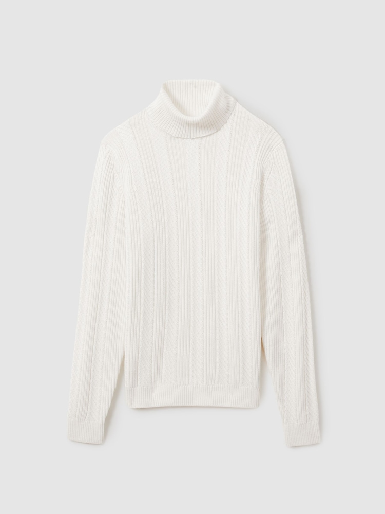 Reiss White Flick Cabled Roll-Neck Jumper with Cotton and Wool - Image 2 of 6