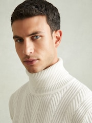 Reiss White Flick Cabled Roll-Neck Jumper with Cotton and Wool - Image 3 of 6