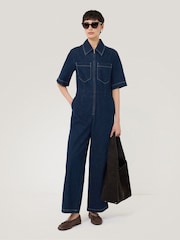 Jigsaw Blue Denim Contrast Stitch 100% Cotton Jumpsuit - Image 1 of 5