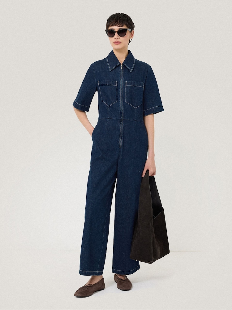 Jigsaw Blue Denim Contrast Stitch 100% Cotton Jumpsuit - Image 1 of 5